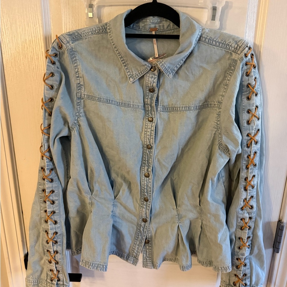 Free People Light Blue Button Down Shirt with Tan Accents